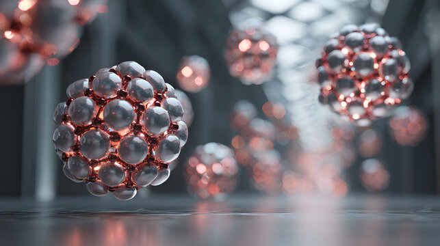 Abstract 3D Render of Spherical Molecular Carbon Structures with Glowing Copper Accents
