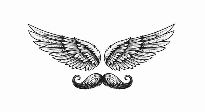 Stylized feathered wings with a prominent handlebar mustache below