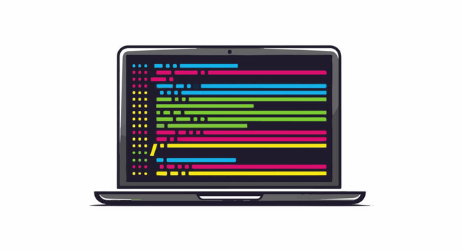 Stylized laptop screen displaying colorful code with syntax highlighting