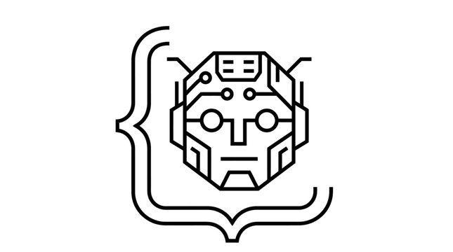 An abstract outline illustration depicts an artificial intelligence robot head, featuring circuit patterns, embraced by a large programming curly bracket symbol.