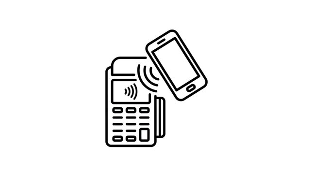 Simple black and white icon illustrating contactless payment transaction using a smartphone near a terminal