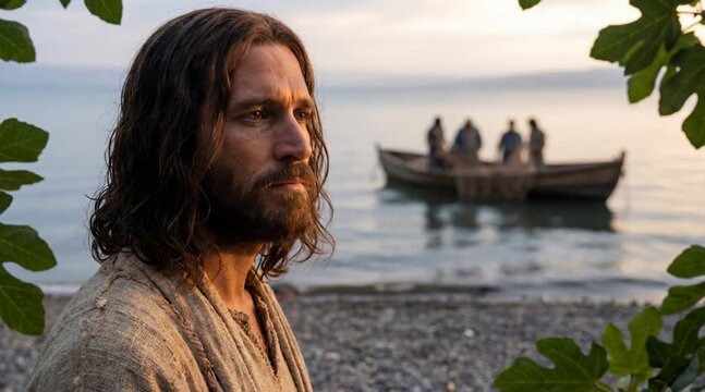 Jesus Watching Disciples Load Nets at Twilight