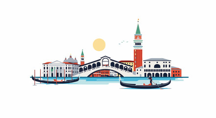 Fototapeta premium Stylized flat illustration of Venice with canals, gondolas and iconic buildings