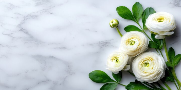 Delicate white ranunculus flowers with green leaves arranged on a subtle marble background