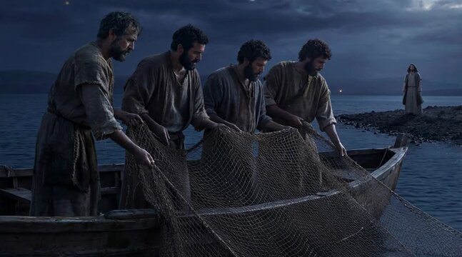 Disciples Casting Empty Nets at Night Watched by Jesus