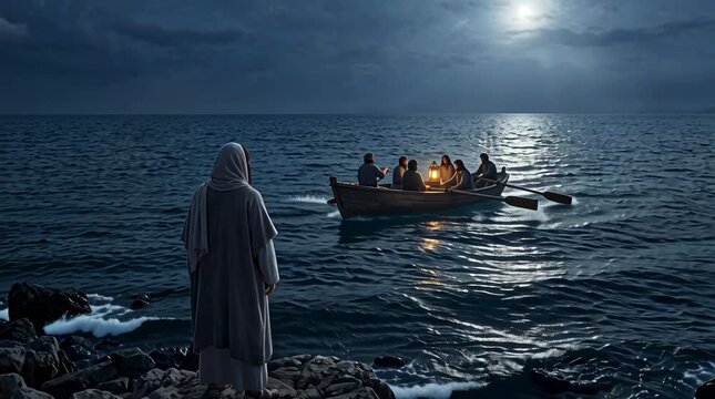 Jesus Looking at Disciples Rowing at Night