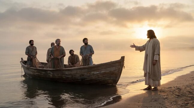 Jesus Gesturing to Disciples in Boat at Sunrise