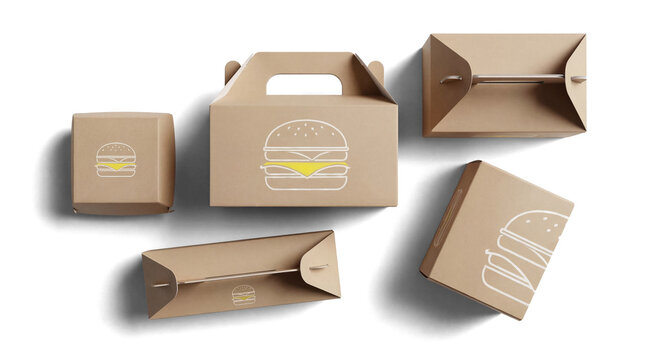 Assorted brown cardboard fast food boxes with white and yellow burger icons, arranged dynamically.