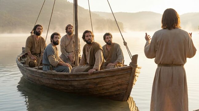 Jesus Calling to Confused Disciples from Shore