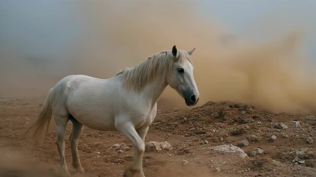 White horse galloping near ancient Colosseum in dusty fog. Dynamic animal motion creating swirling dust clouds by iconic Roman ruin. Historical landmark with wildlife sequence in misty environment.