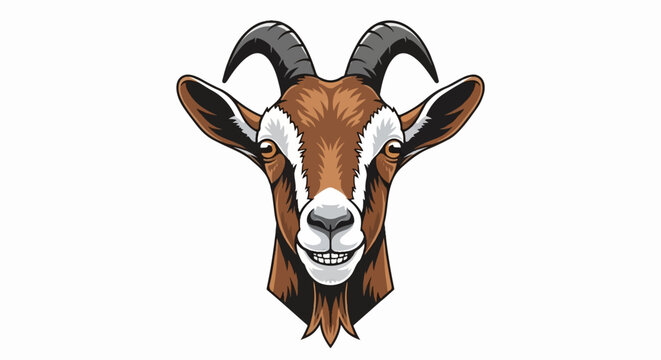 A stylized, front-facing brown goat's head with large horns and a grin