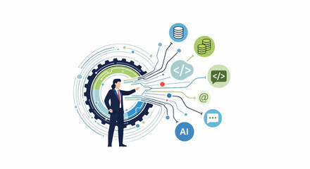 Fototapeta premium Businessperson connecting to digital network with data, code, and communication icons