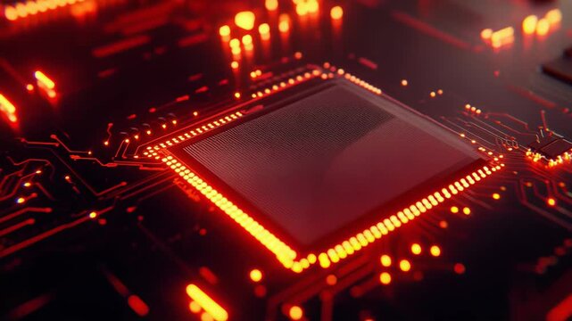 Computer chip processing data on a dark circuit board, featuring glowing red light trails and connections, abstractly visualizing advanced digital technology and intricate electronic hardware