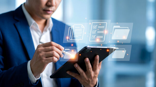 Business professional expertly navigating digital data and cloud documents on a tablet, symbolizing advanced information management, cybersecurity, and streamlined operations for future success