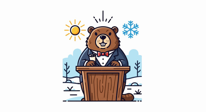 Cartoon beaver in suit and bowtie on podium with sun and snowflake