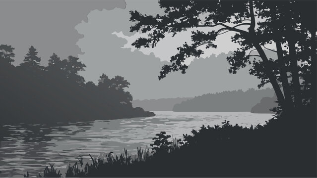 Serene Monochrome River Landscape with Trees and Foliage Illustration