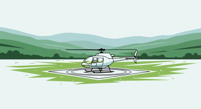 A single-engine helicopter rests on a landing pad surrounded by green terrain