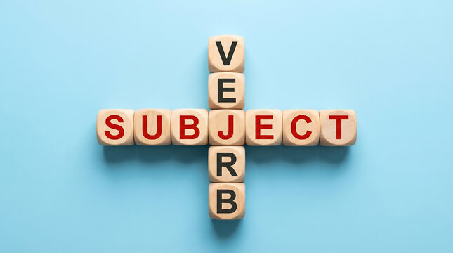 Wooden Blocks Spell 'Subject Verb' on Blue Background, Grammar and Language Concept