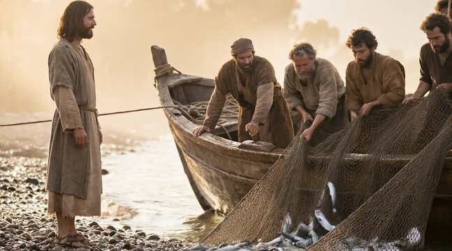 Net Thrashing with Fish as Jesus Smiles