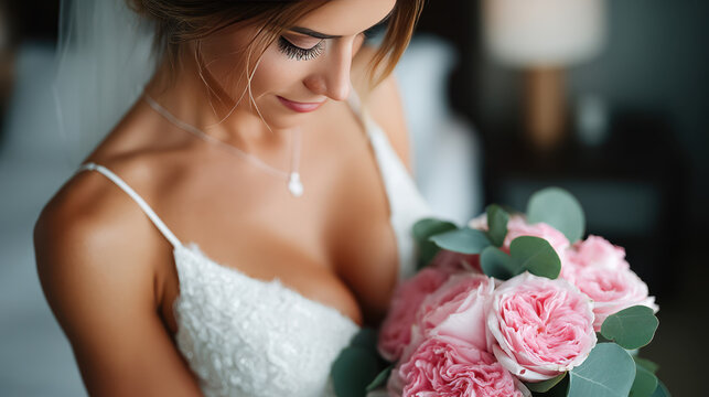 Close-up bride holding a pink rose bouquet with gentle tones for wedding background and romantic portrait banner