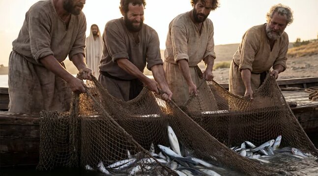 Disciples Struggling with Overflowing Catch