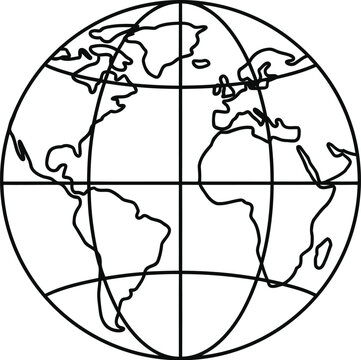 A simple black and white line art illustration of a globe showing the continents of the world