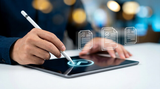 Person digitally signing an electronic document on a tablet, showcasing secure e-signature technology for efficient online contract management and modern business operations