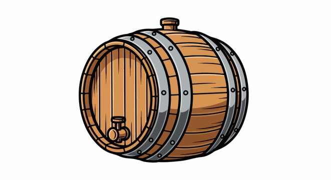 A wooden barrel with metal bands and a spigot, illustrated on a white background