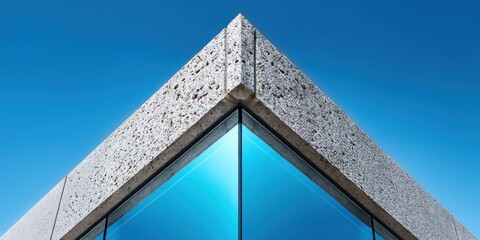 Fototapeta premium Modern building corner with textured stone facade and reflective blue glass windows