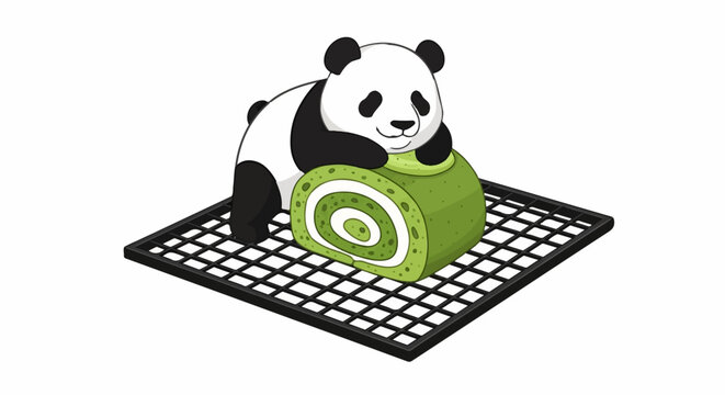 Adorable panda hugging a swirl cake on a cooling rack