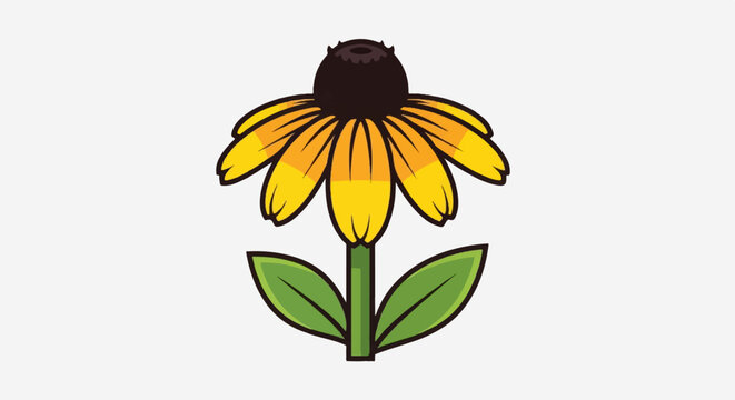 Cartoon black eyed susan flower with yellow petals and green leaves