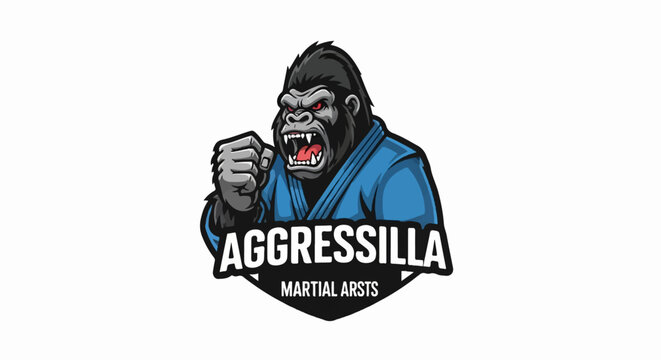 Aggressive gorilla in martial arts uniform, fierce expression, fists raised