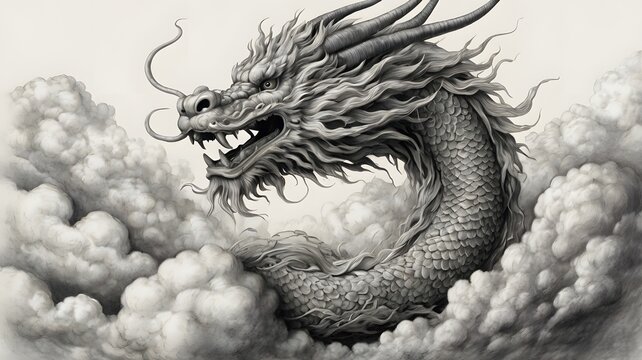 Majestic Gray Dragon Emerging from Clouds in Artistic Traditional Style