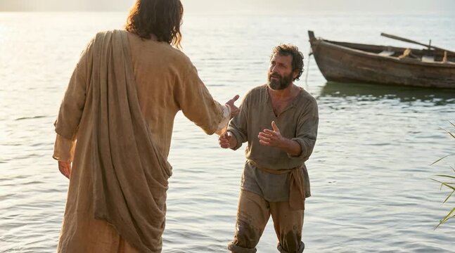Jesus Extending Hand to Simon Peter in Water