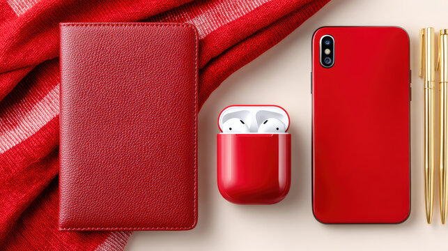 Red travel flat lay with leather wallet wireless earbuds phone and gold pens on neutral background for packing checklist and social media banner design