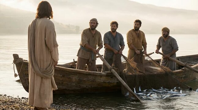 Disciples Rowing and Dragging Net Full of Fish