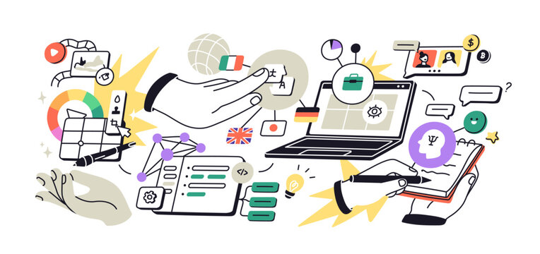 Digital education, e-learning concept. Virtual distant classes, courses, online study. Elearning, remote training, web technology with laptop. Flat vector illustration isolated on white background