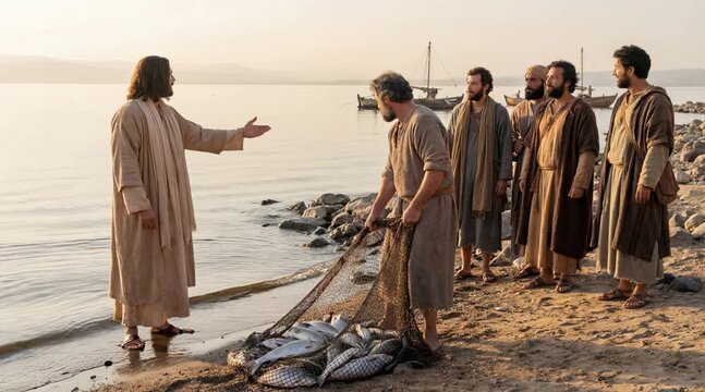 Simon Peter Dragging Net Bursting with Fish Ashore
