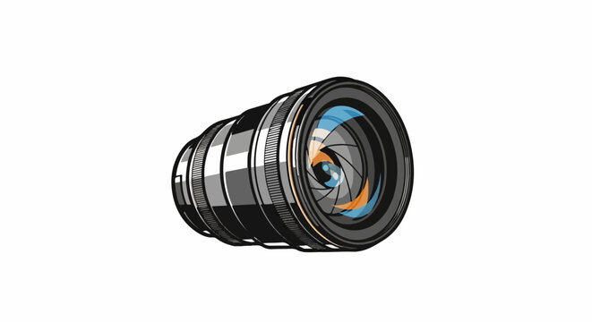 Close-up illustration of a camera lens with intricate diaphragm blades and vibrant reflections