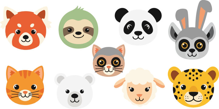 Cute cartoon animal heads panda, cat, bear, sloth, leopard, sheep, lemur, red panda