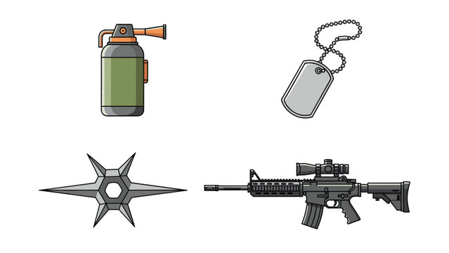 Collection of military and tactical items includes a smoke grenade, metal dog tags, a throwing star, and a modern assault rifle with scope.