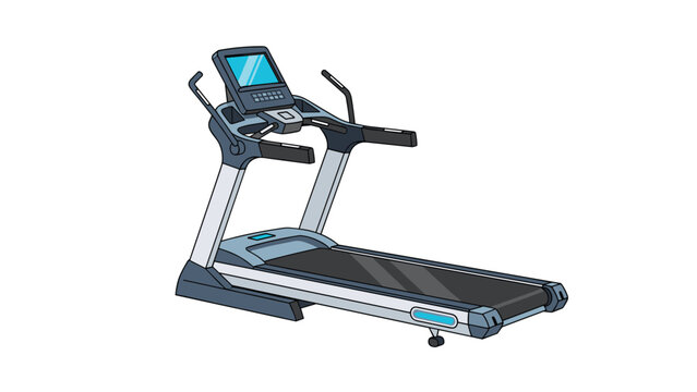 Modern electric treadmill with a digital display screen and side rails is illustrated for fitness, running, and cardiovascular exercise.