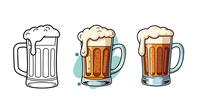 Three versions of a full beer mug with thick frothy foam are shown as a line drawing, a flat color icon, and a more detailed illustration.