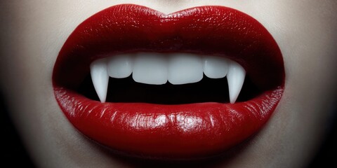 Obraz premium Close up of red lips with sharp white vampire fangs showing, a symbol of horror and the supernatural