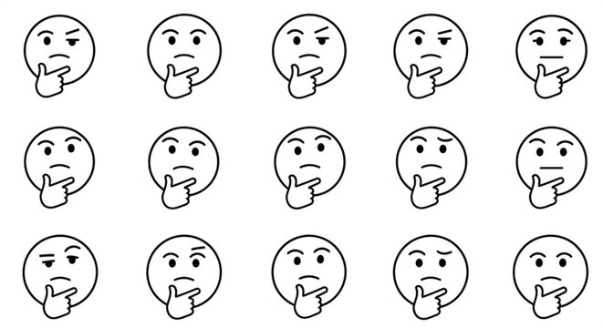 Thinking emoji icon set with 15 vector elements, pensive face with hand on chin, minimalist line art emoticons for problem solving and decision making