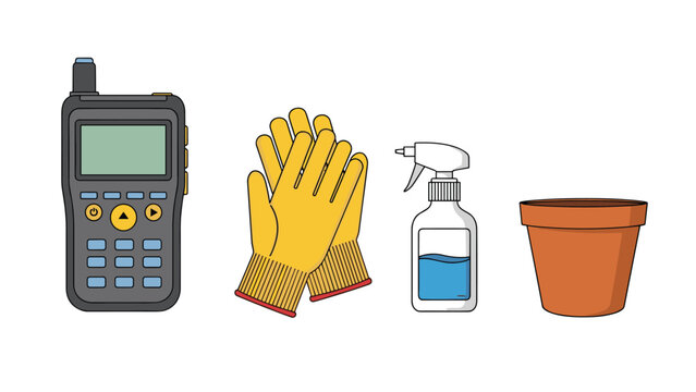 Essential gardening and maintenance equipment including a digital handheld device, yellow gloves, spray bottle, and terracotta pot.