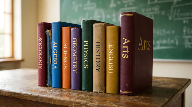 Row of diverse textbooks on a wooden desk in a classroom with a chalkboard background