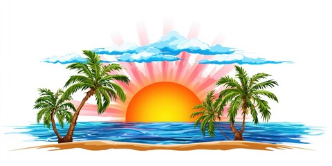 Obraz premium Sunset over the tropical island, palm trees on the beach at sunset