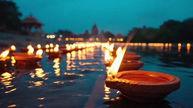 Ashadha Amavasya, An ethereal wide shot of dozens of lit clay diyas floating on the dark, calm surface of a sacred river at twilight