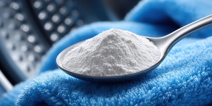 Close-up of a spoon filled with white powder resting on a blue fluffy towel